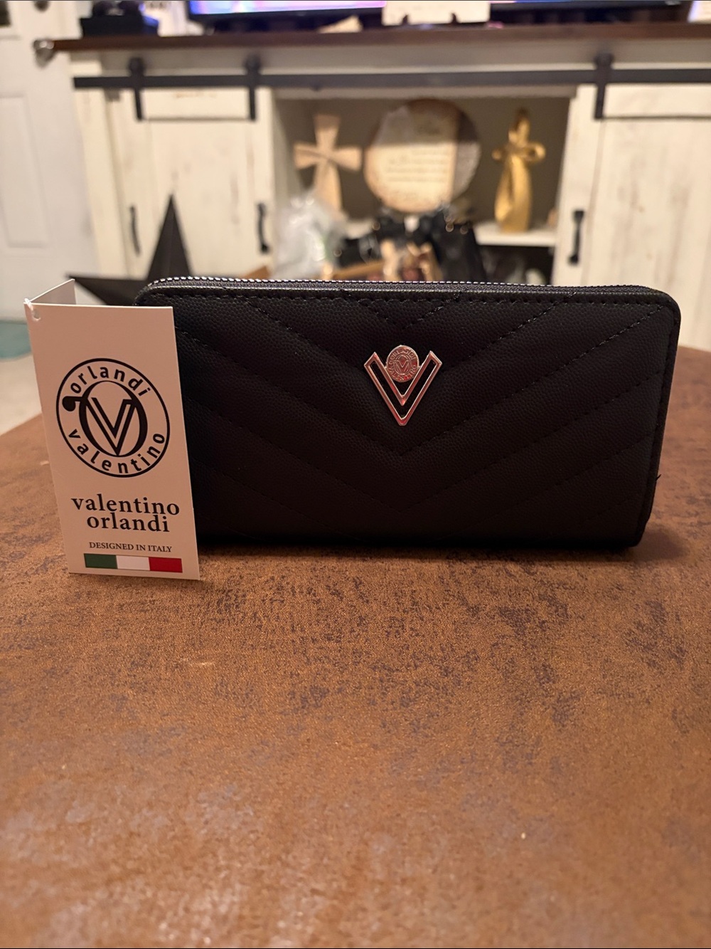 Valentino Orlandi Black Quilted Zip-Around Wallet with Metal Logo